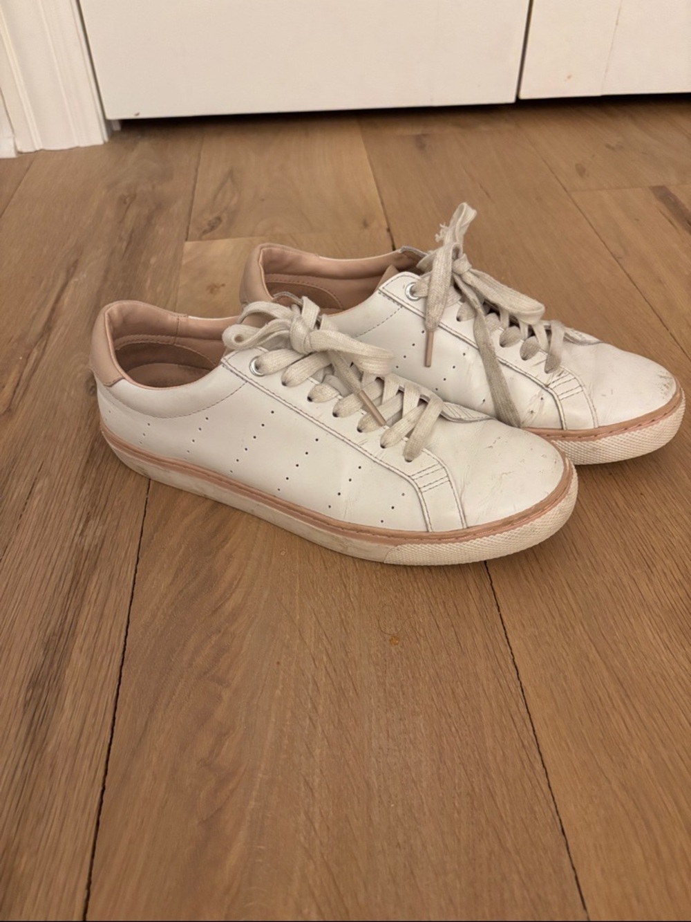 J Crew White Leather Lace-Up Sneakers with Blush Trim